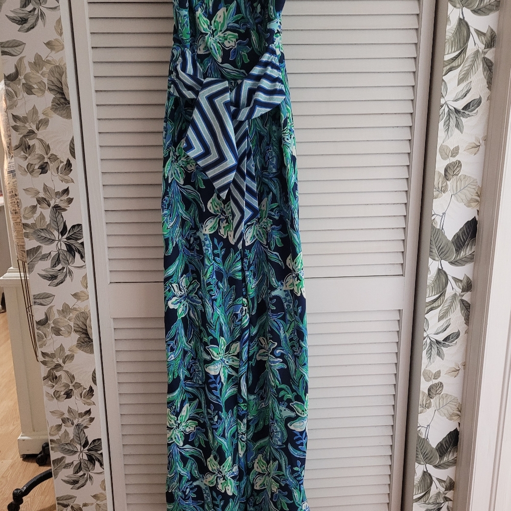 Lilly Pulitzer Blue Green Nila Jumpsuit with striped  fabric tie belt wide leg - Picture 4 of 16